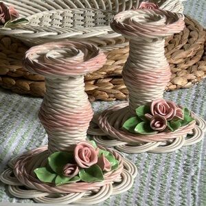 Whimsical Candlesticks Pair of 2 Rose Adorned Cream Pink 1991 Belleek Bev Sparks